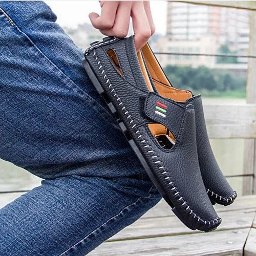 Men's Leather Cutout Slip-On Loafers Moccasin Stitch Driving Boat Shoes