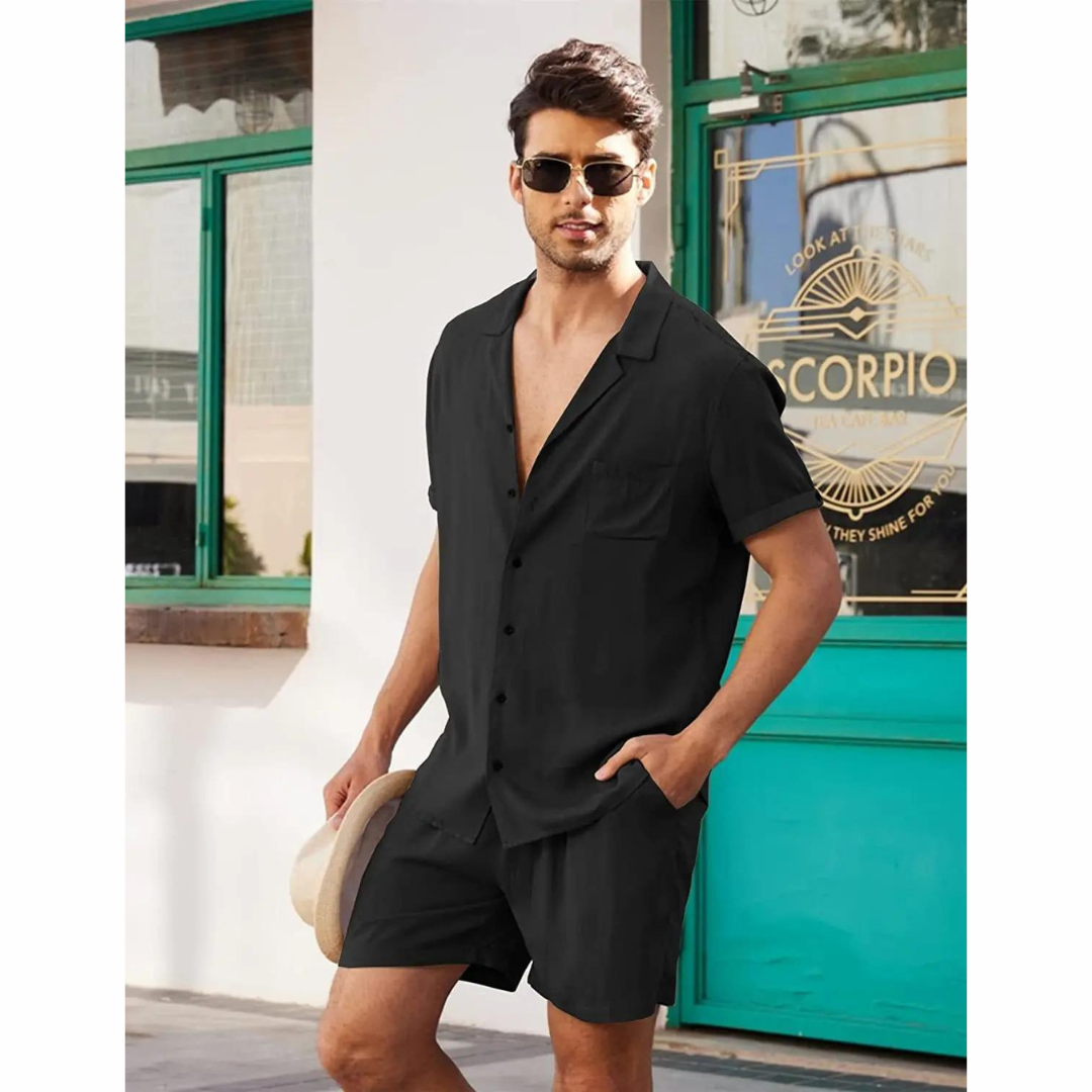 Men's Linen Shirt Shorts Set Camp Collar Short Sleeve Drawstring