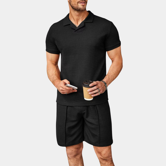 Men's Waffle Knit Polo Shirt Pleated Shorts Set Short Sleeve
