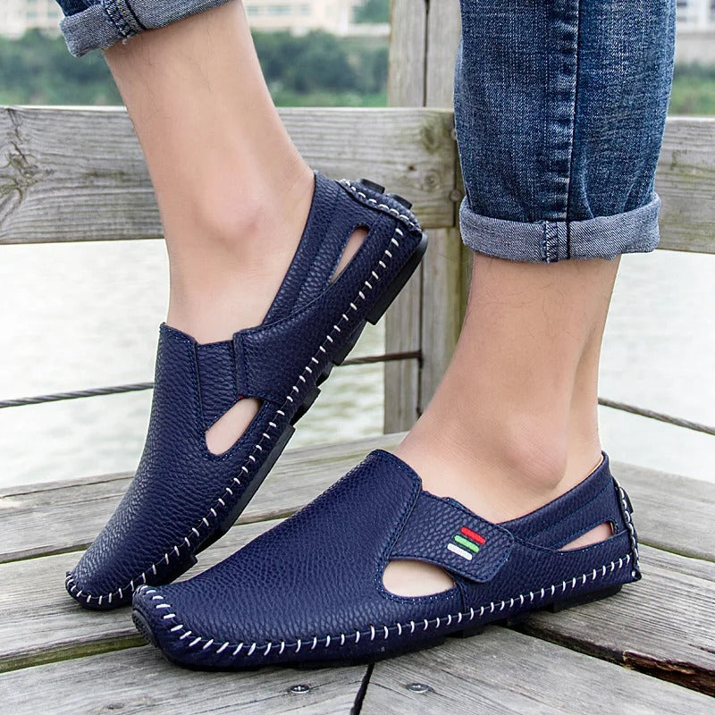 Men's Leather Cutout Slip-On Loafers Moccasin Stitch Driving Boat Shoes