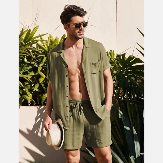 Men's Linen Shirt Shorts Set Camp Collar Short Sleeve Drawstring