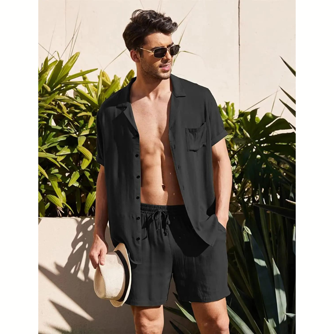Men's Linen Shirt Shorts Set Camp Collar Short Sleeve Drawstring