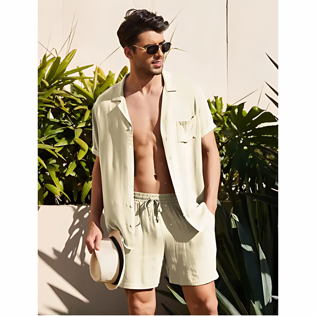Men's Linen Shirt Shorts Set Camp Collar Short Sleeve Drawstring
