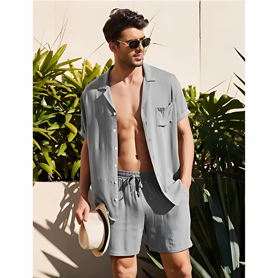 Men's Linen Shirt Shorts Set Camp Collar Short Sleeve Drawstring