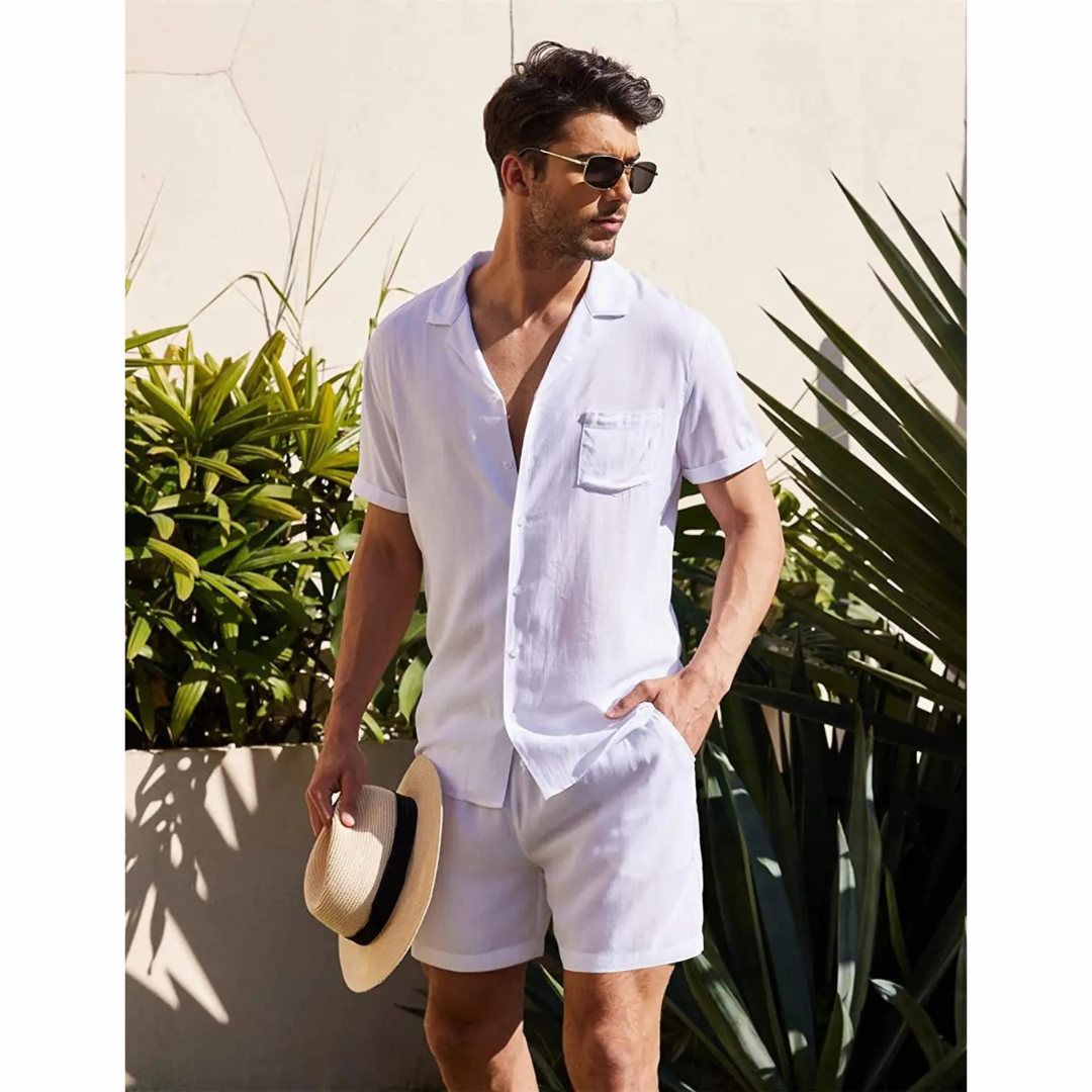 Men's Linen Shirt Shorts Set Camp Collar Short Sleeve Drawstring
