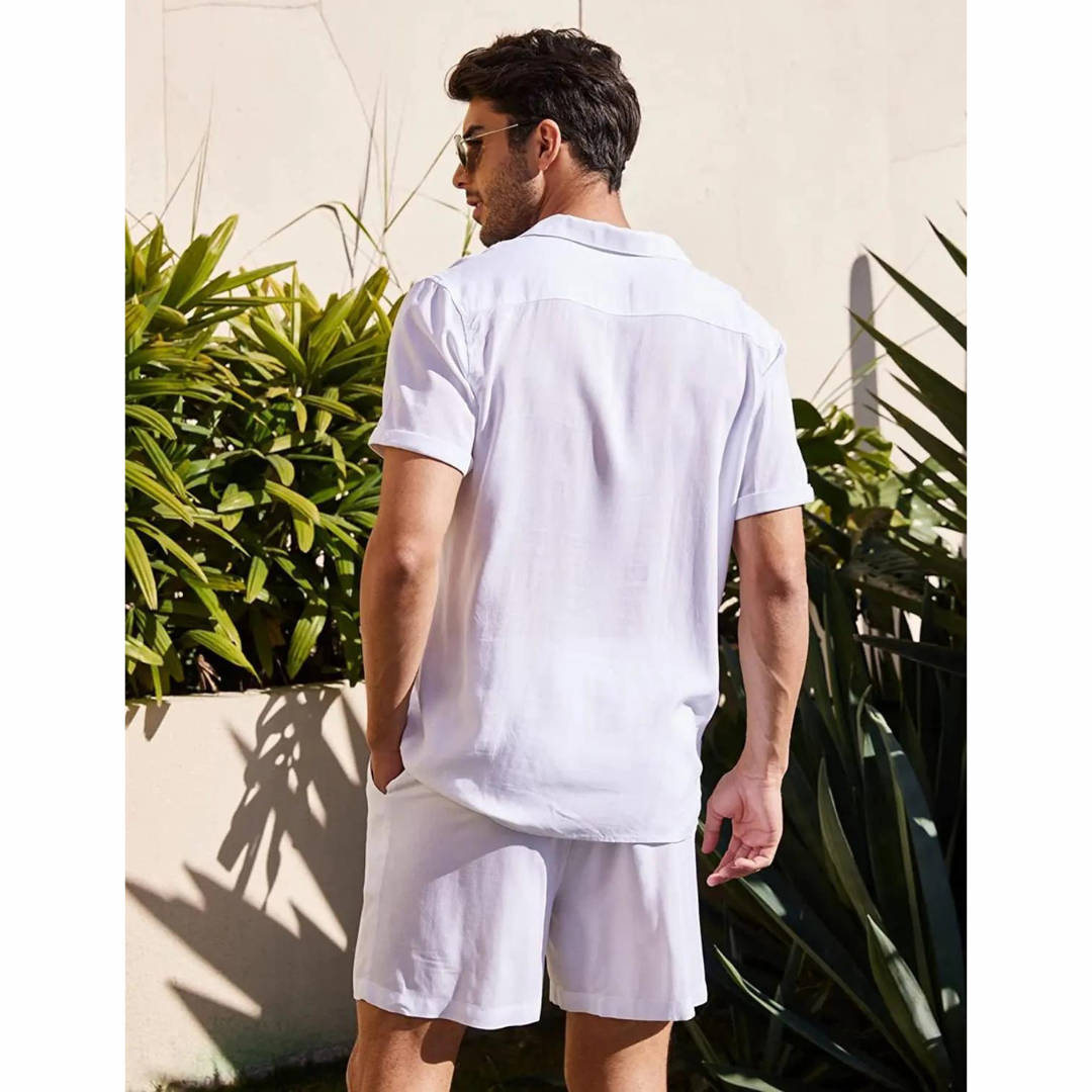 Men's Linen Shirt Shorts Set Camp Collar Short Sleeve Drawstring