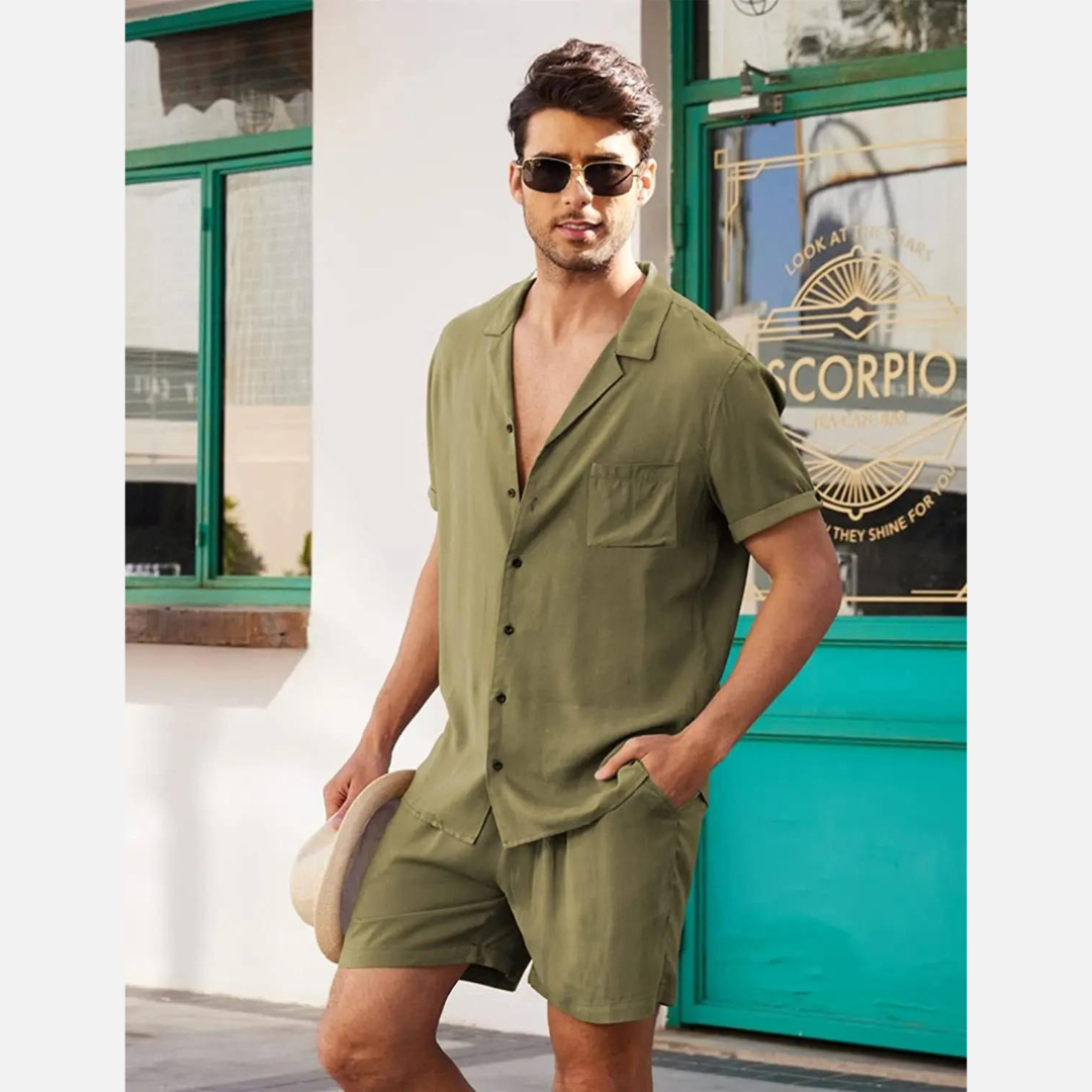 Men's Linen Shirt Shorts Set Camp Collar Short Sleeve Drawstring