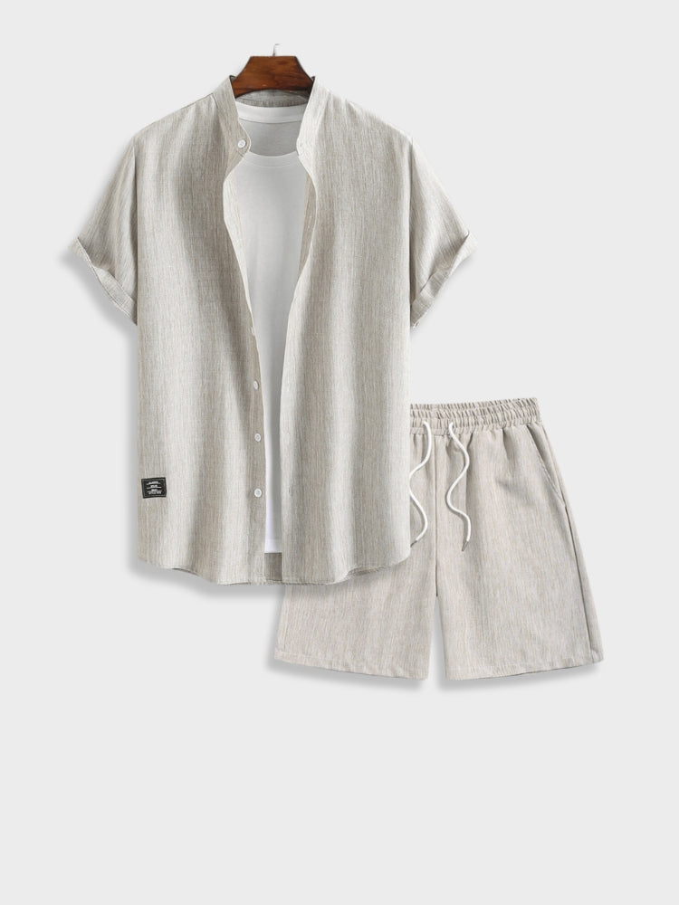 Men's Linen Shirt Shorts Set Mandarin Collar Short Sleeve Drawstring