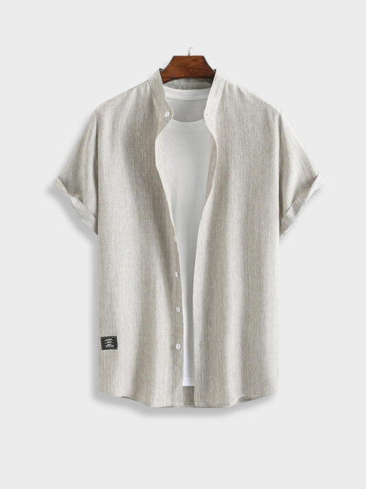 Men's Linen Shirt Shorts Set Mandarin Collar Short Sleeve Drawstring