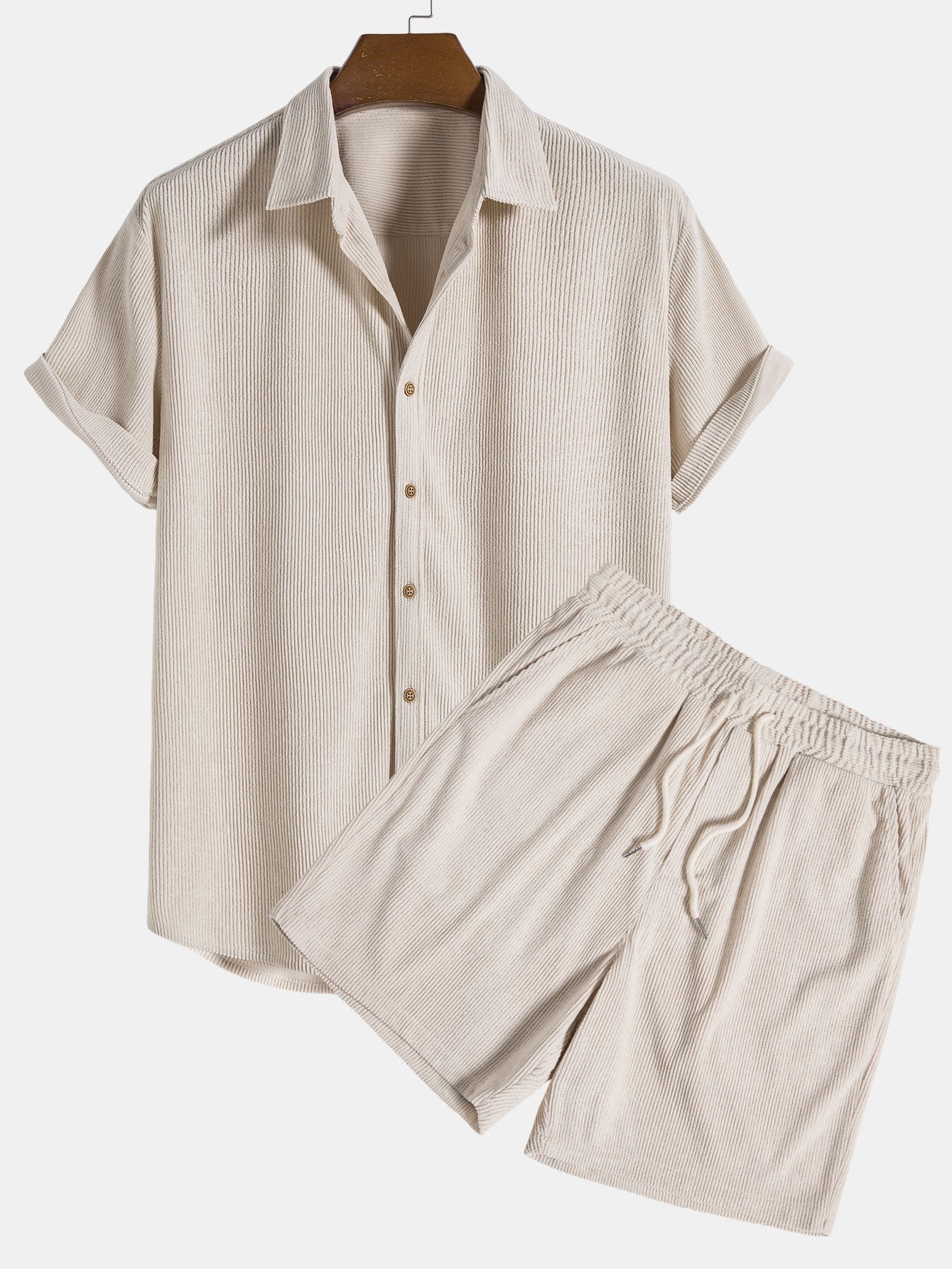Men's Short Sleeve Button Up Shirt Shorts Set Textured Drawstring