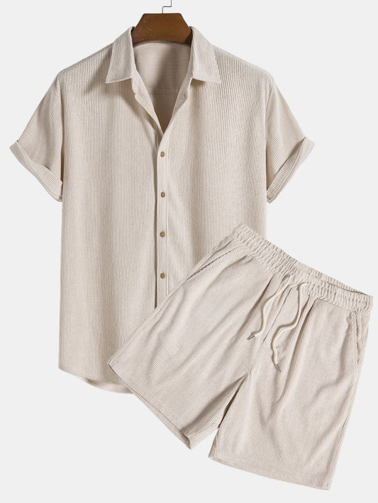 Men's Short Sleeve Button Up Shirt Shorts Set Textured Drawstring