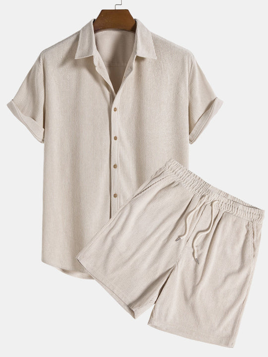 Men's Short Sleeve Button Up Shirt Shorts Set Textured Drawstring