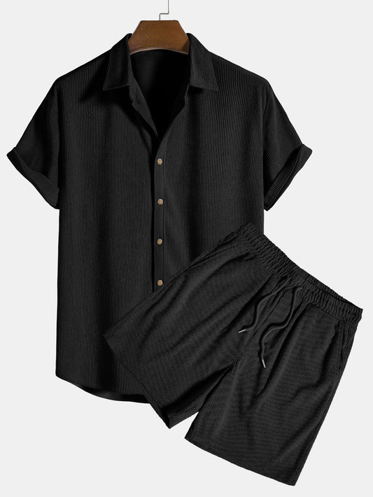 Men's Short Sleeve Button Up Shirt Shorts Set Textured Drawstring