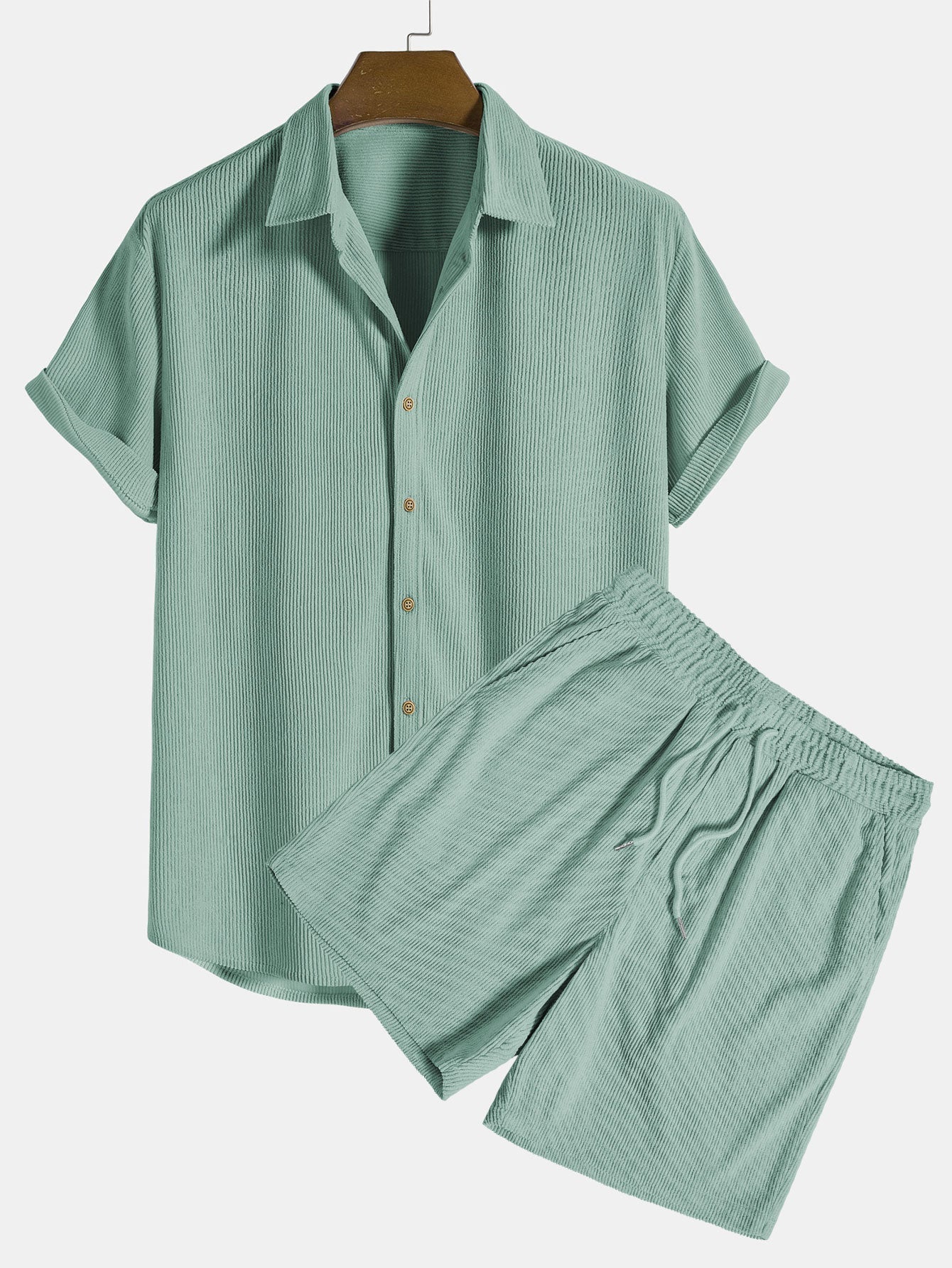Men's Short Sleeve Button Up Shirt Shorts Set Textured Drawstring