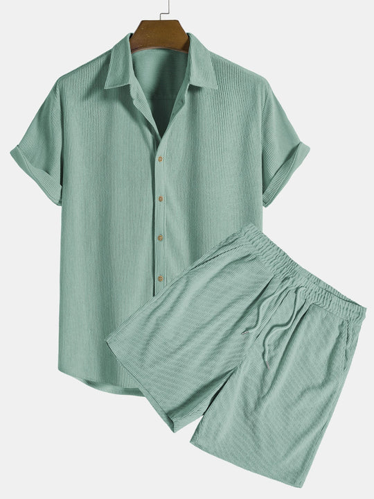 Men's Short Sleeve Button Up Shirt Shorts Set Textured Drawstring