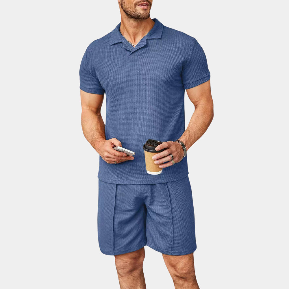 Men's Waffle Knit Polo Shirt Pleated Shorts Set Short Sleeve
