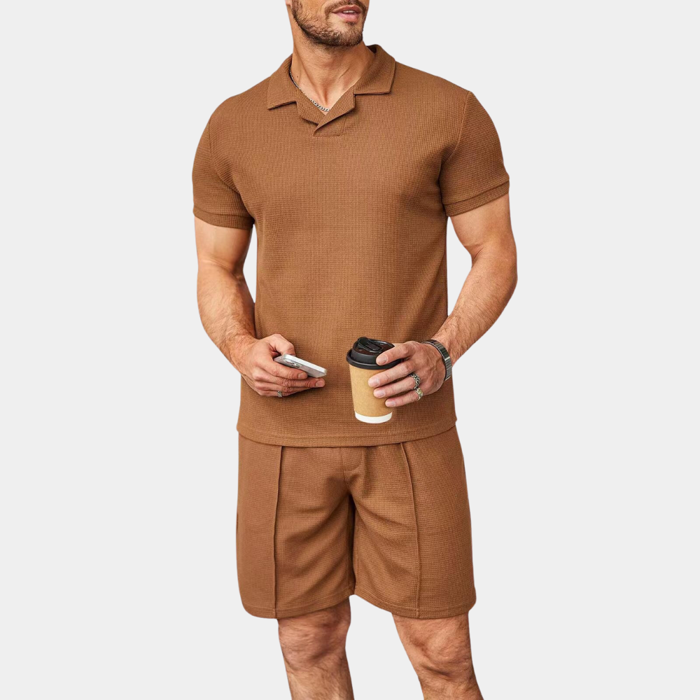 Men's Waffle Knit Polo Shirt Pleated Shorts Set Short Sleeve