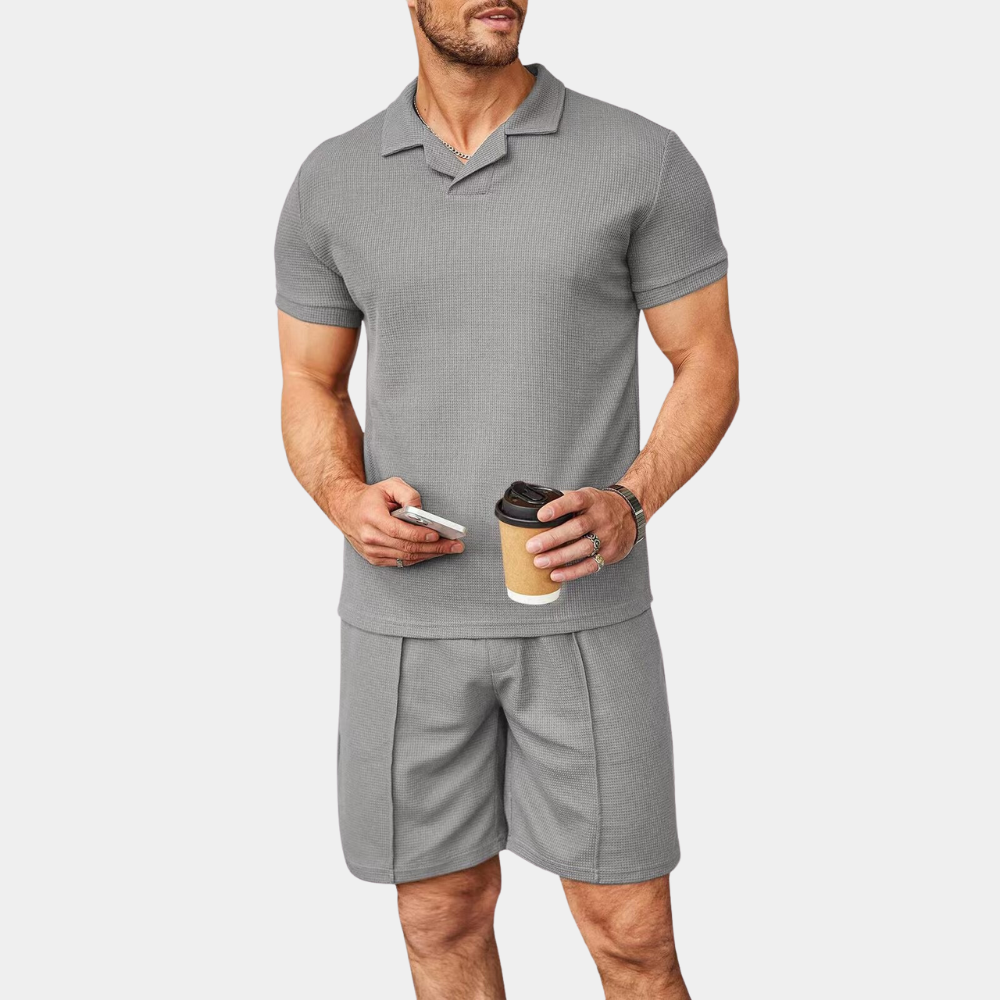Men's Waffle Knit Polo Shirt Pleated Shorts Set Short Sleeve