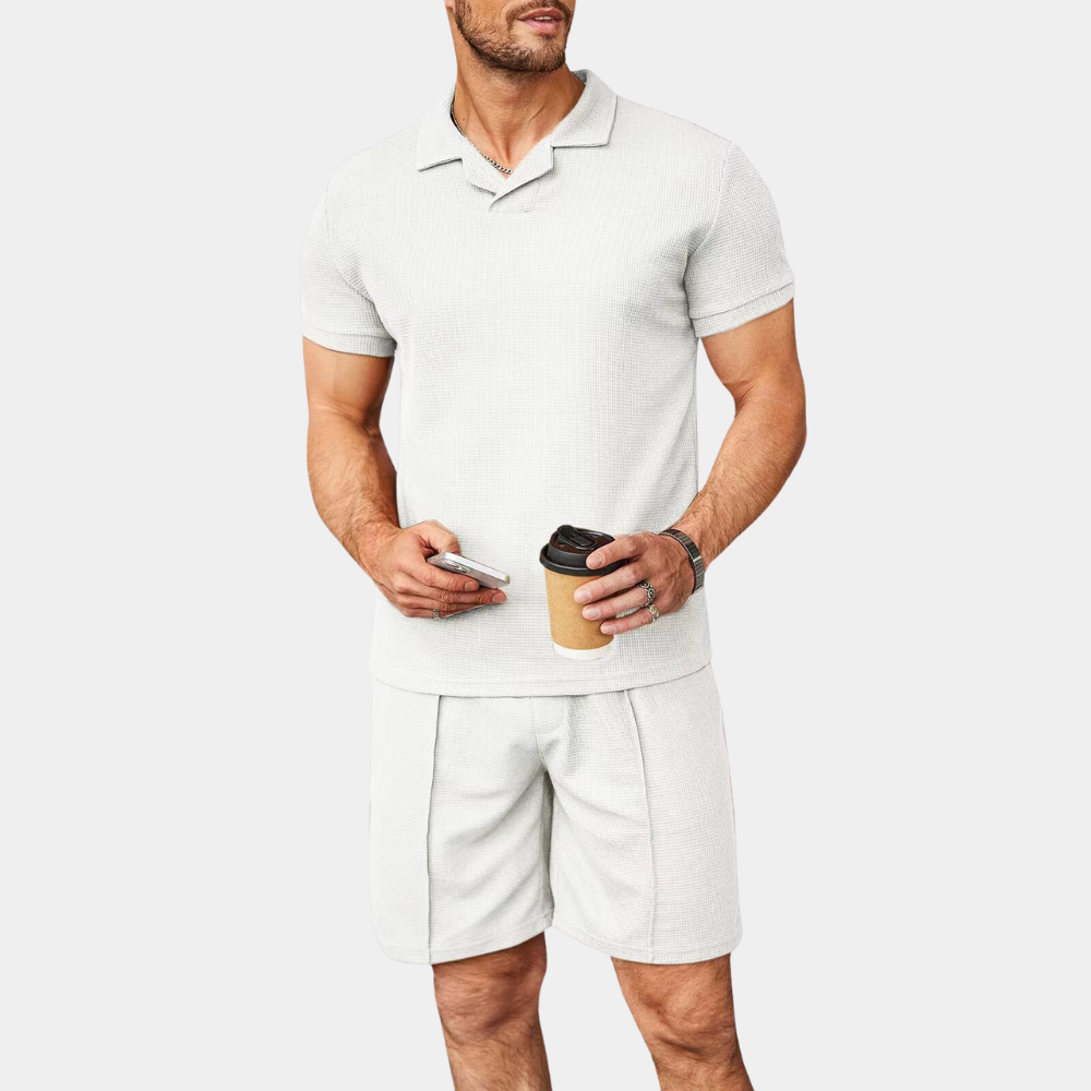 Men's Waffle Knit Polo Shirt Pleated Shorts Set Short Sleeve