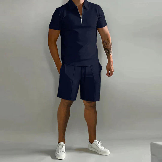 Men's Zip Polo Shirt Pleated Shorts Set Short Sleeve Two-Piece