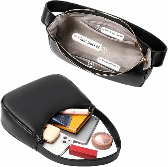 Women's Black Hobo Shoulder Bag with Gold Zip