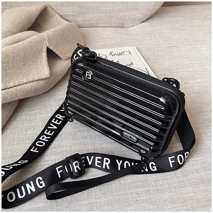 Women's Black Mini Suitcase Crossbody Bag with Slogan Strap