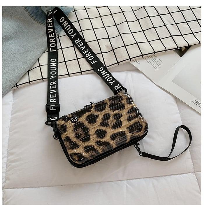 Women's Black Mini Suitcase Crossbody Bag with Slogan Strap