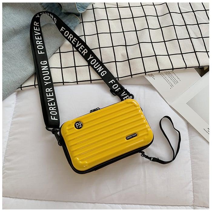 Women's Black Mini Suitcase Crossbody Bag with Slogan Strap
