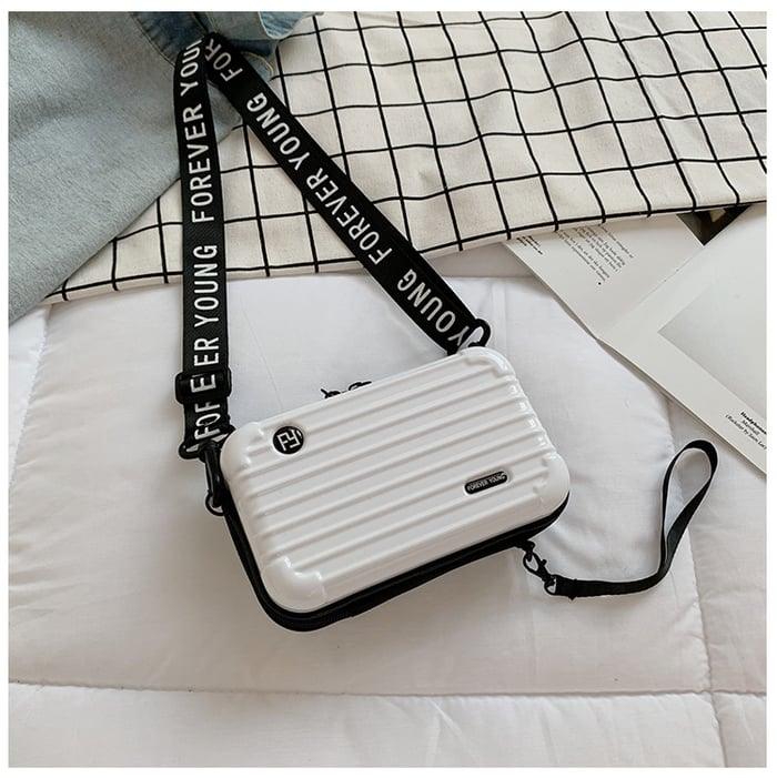 Women's Black Mini Suitcase Crossbody Bag with Slogan Strap