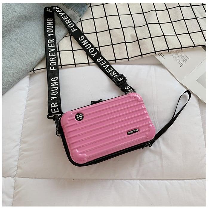 Women's Black Mini Suitcase Crossbody Bag with Slogan Strap