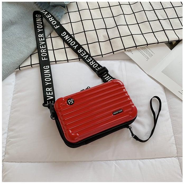Women's Black Mini Suitcase Crossbody Bag with Slogan Strap