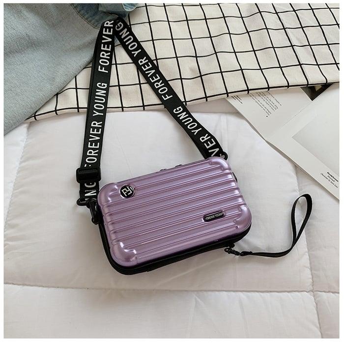 Women's Black Mini Suitcase Crossbody Bag with Slogan Strap