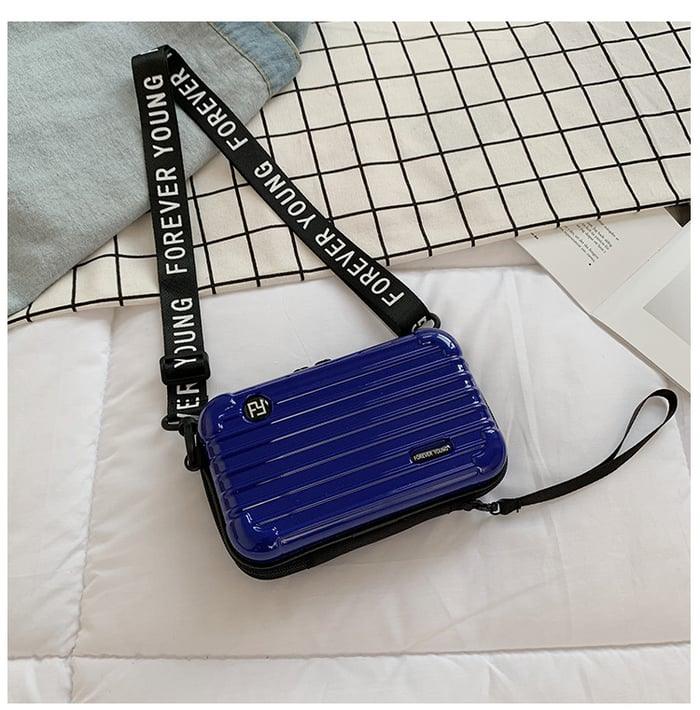Women's Black Mini Suitcase Crossbody Bag with Slogan Strap