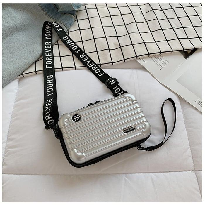 Women's Black Mini Suitcase Crossbody Bag with Slogan Strap
