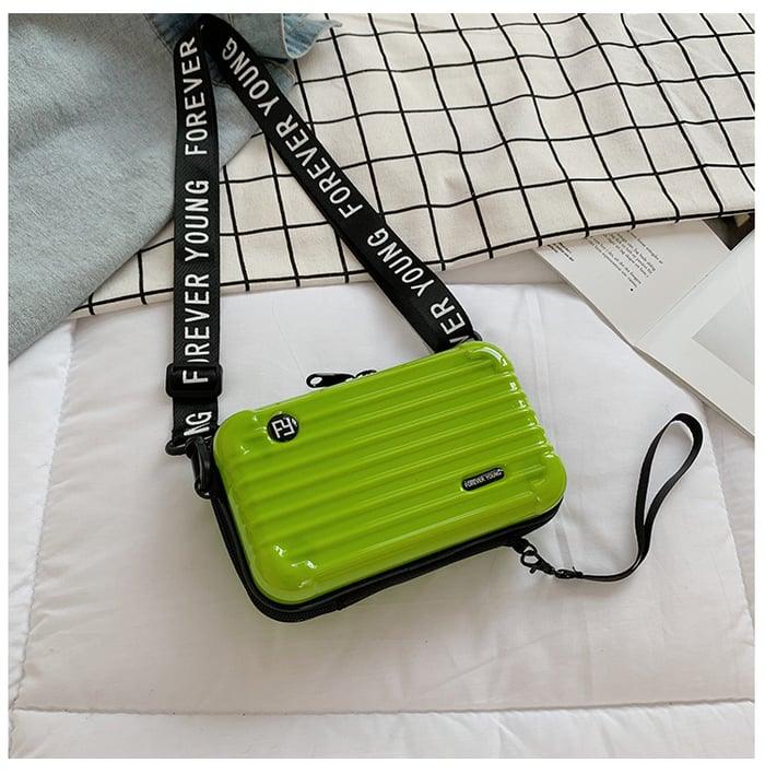 Women's Black Mini Suitcase Crossbody Bag with Slogan Strap