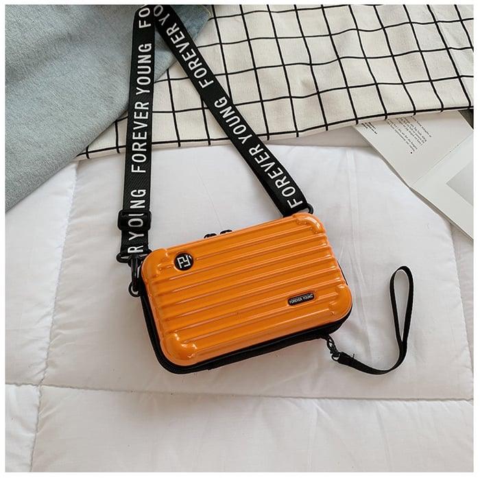 Women's Black Mini Suitcase Crossbody Bag with Slogan Strap