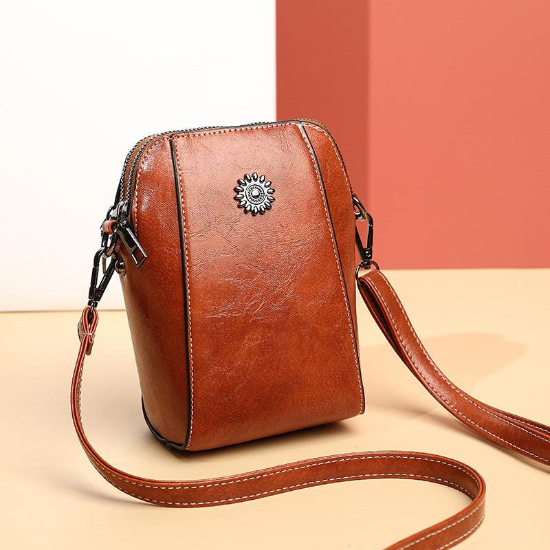 Women's Brown Triple Zip Mini Crossbody Bag with Sunflower Stud