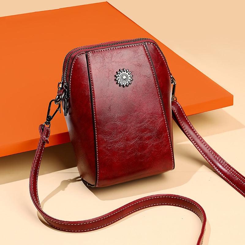 Women's Brown Triple Zip Mini Crossbody Bag with Sunflower Stud