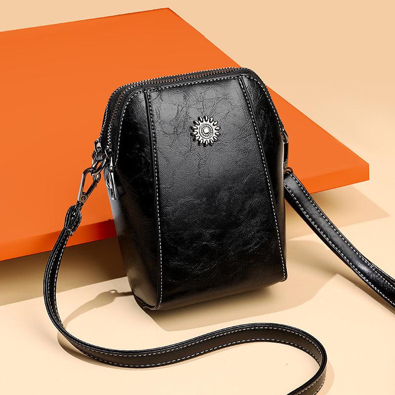 Women's Brown Triple Zip Mini Crossbody Bag with Sunflower Stud