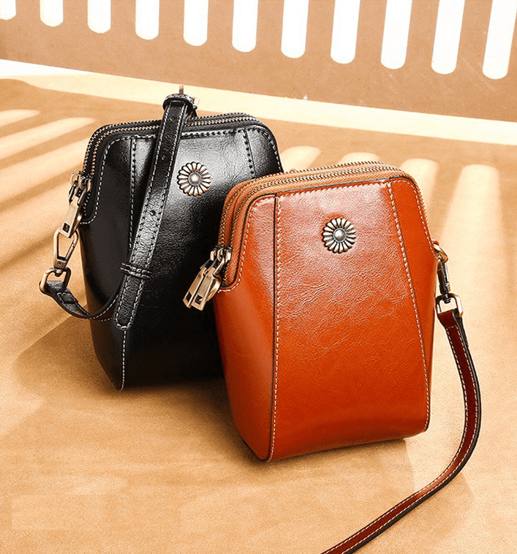 Women's Brown Triple Zip Mini Crossbody Bag with Sunflower Stud