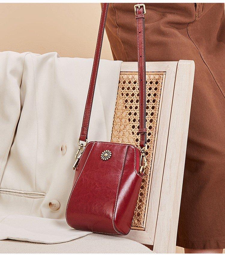 Women's Brown Triple Zip Mini Crossbody Bag with Sunflower Stud