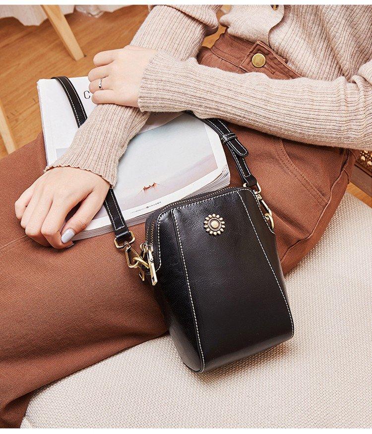 Women's Brown Triple Zip Mini Crossbody Bag with Sunflower Stud