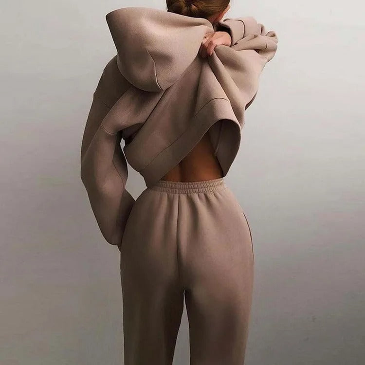 Women's Cropped Hoodie Wide Leg Sweatpants Set Oversized Loungewear