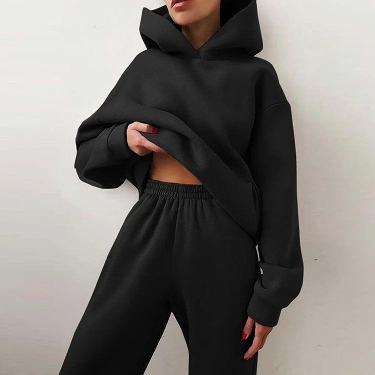 Women's Cropped Hoodie Wide Leg Sweatpants Set Oversized Loungewear
