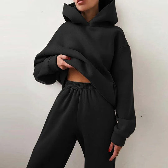Women's Cropped Hoodie Wide Leg Sweatpants Set Oversized Loungewear