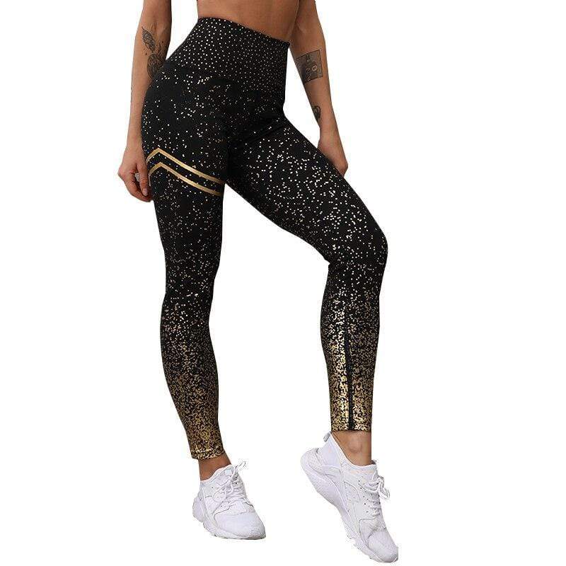 Women's High Waisted Black Gold Foil Print Leggings
