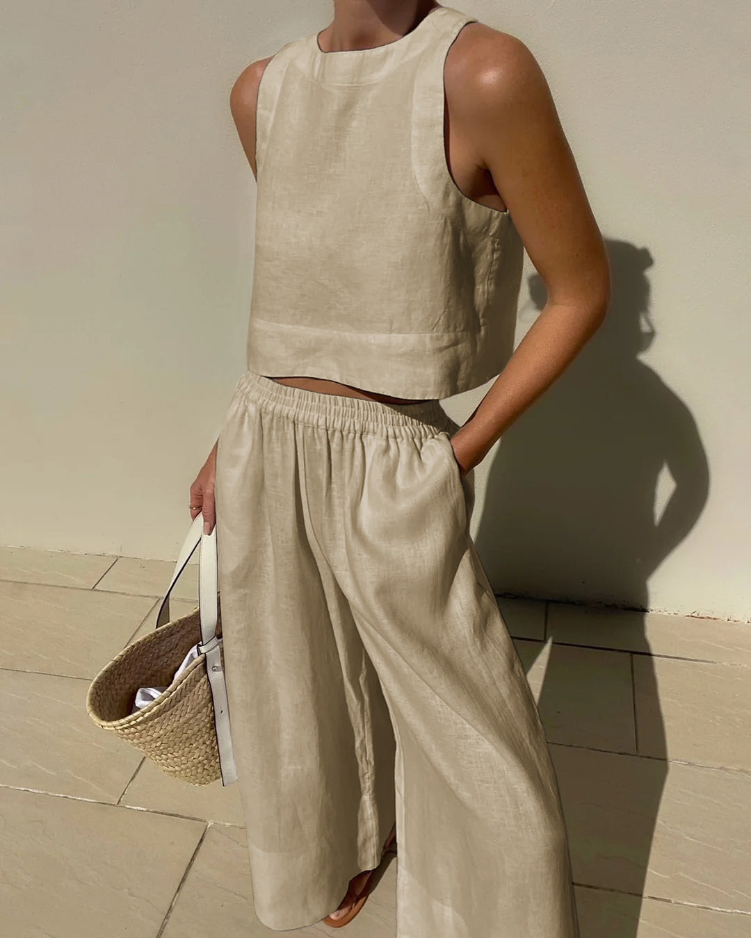 Women's Linen Crop Tank Top Wide Leg Pants Set Elastic Waist
