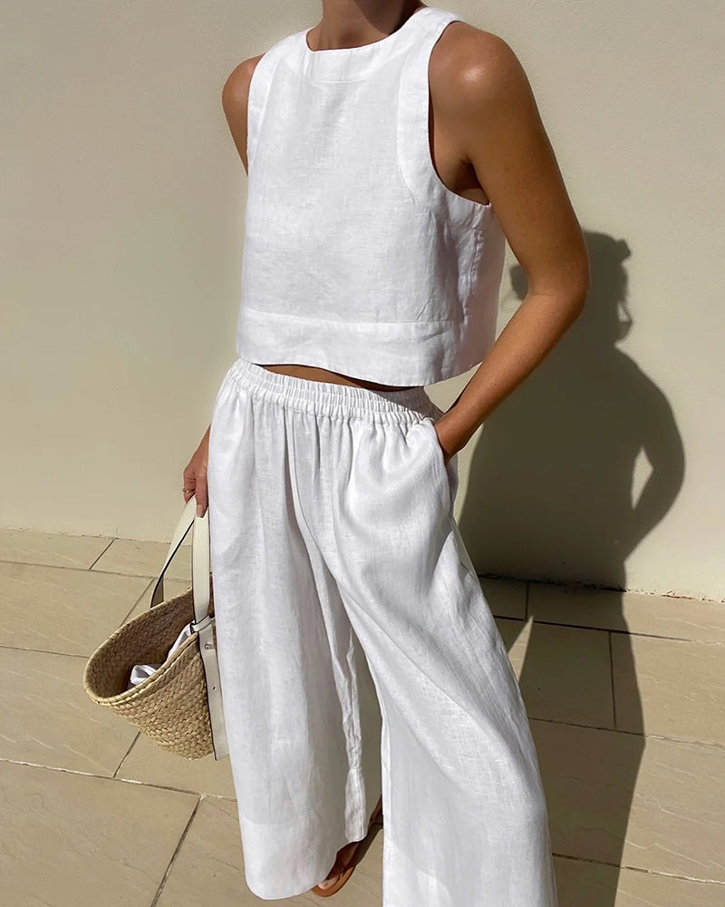 Women's Linen Crop Tank Top Wide Leg Pants Set Elastic Waist