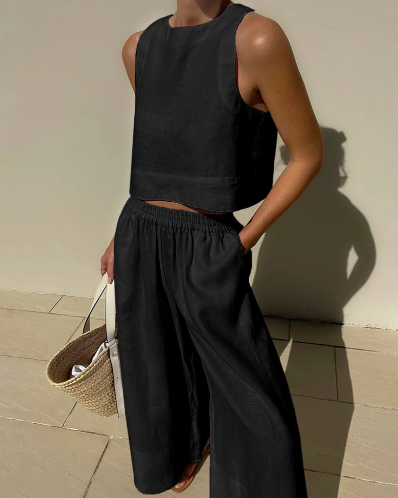 Women's Linen Crop Tank Top Wide Leg Pants Set Elastic Waist