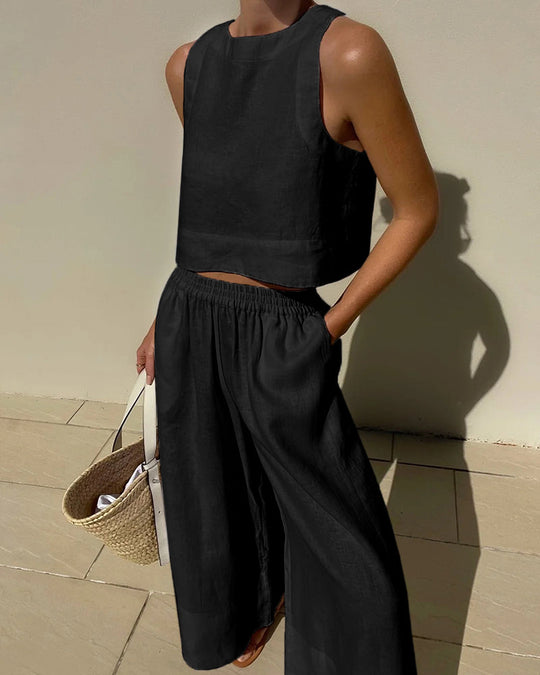 Women's Linen Crop Tank Top Wide Leg Pants Set Elastic Waist